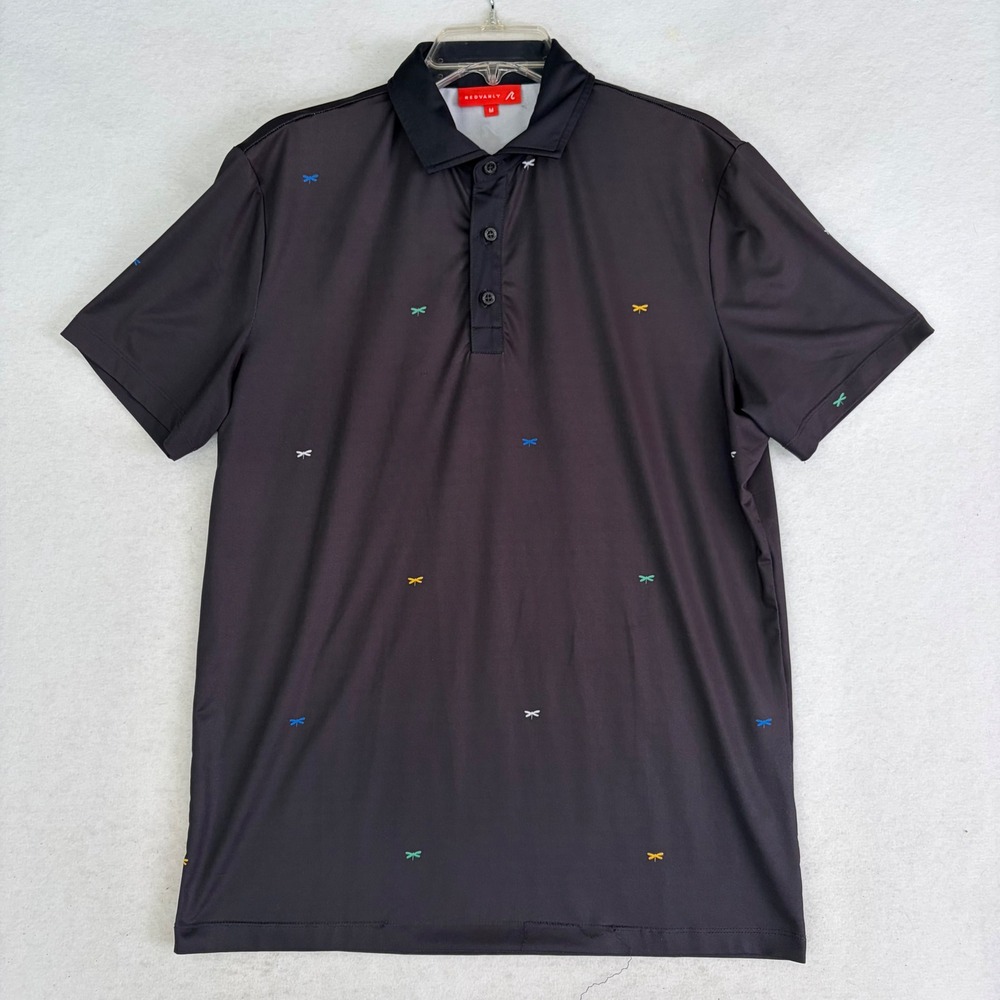 Redvanly Morton Performance Golf Polo‎ Mens M Black Multi Color Dragonfly Print